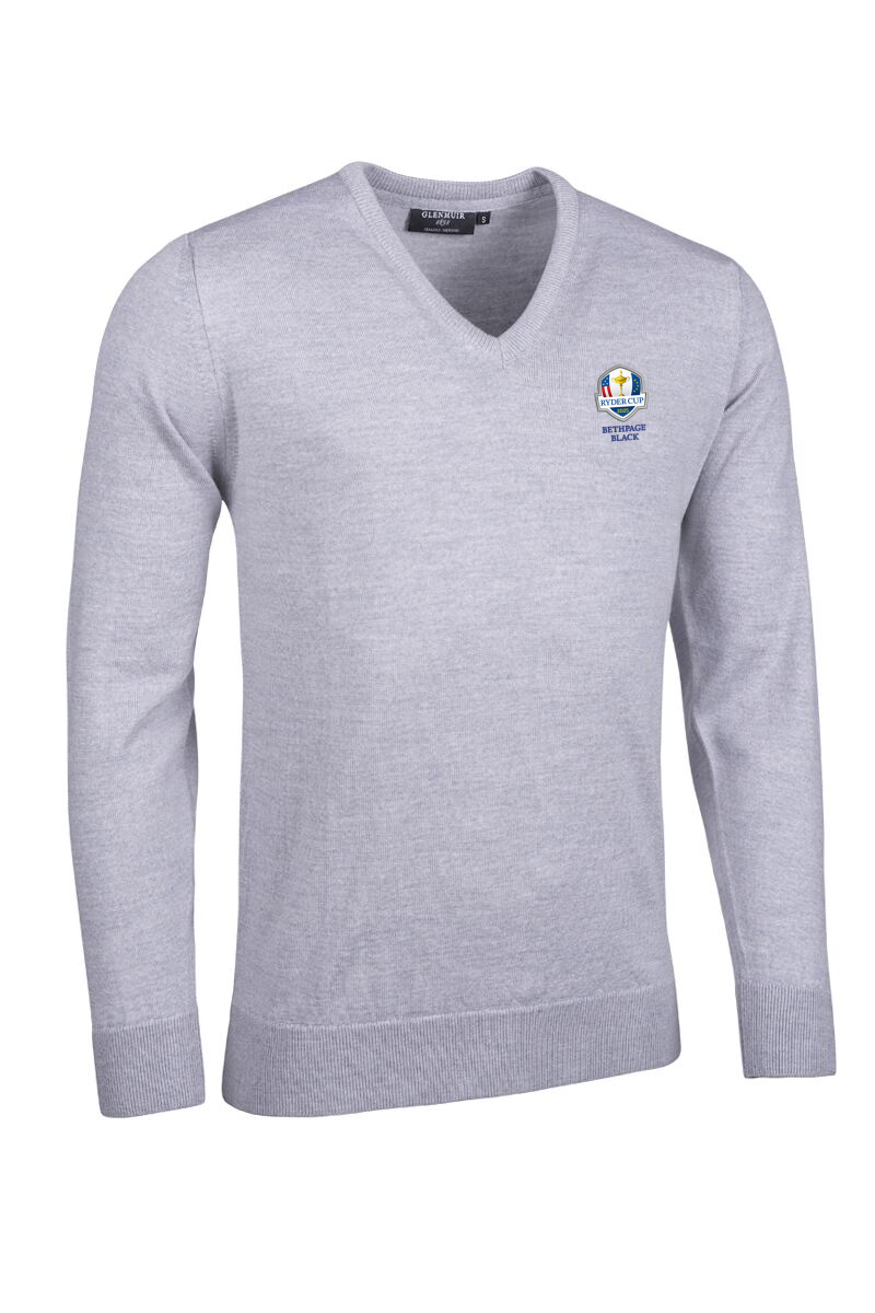 Official Ryder Cup 2025 Mens V Neck Merino Wool Golf Sweater Light Grey Marl S