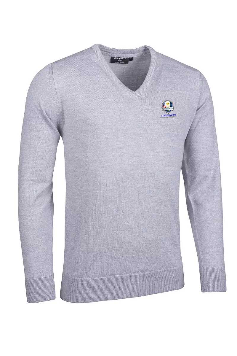 Official Ryder Cup 2027 Mens V Neck Merino Wool Golf Sweater Light Grey Marl L