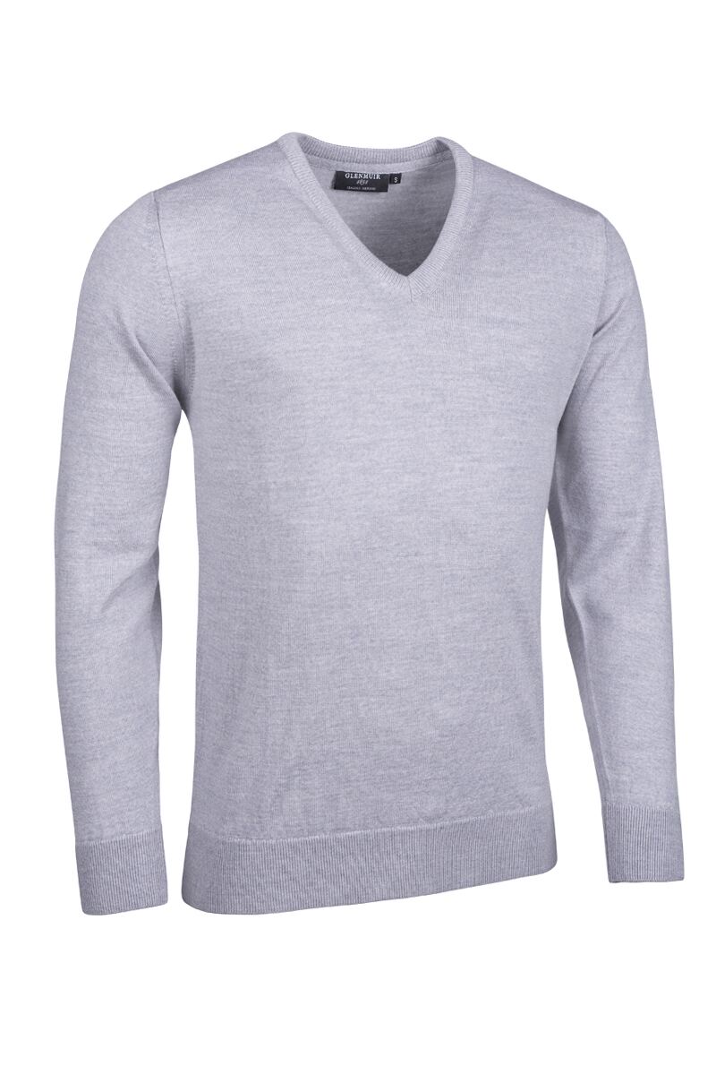 Mens V Neck Merino Wool Golf Sweater Light Grey Marl S