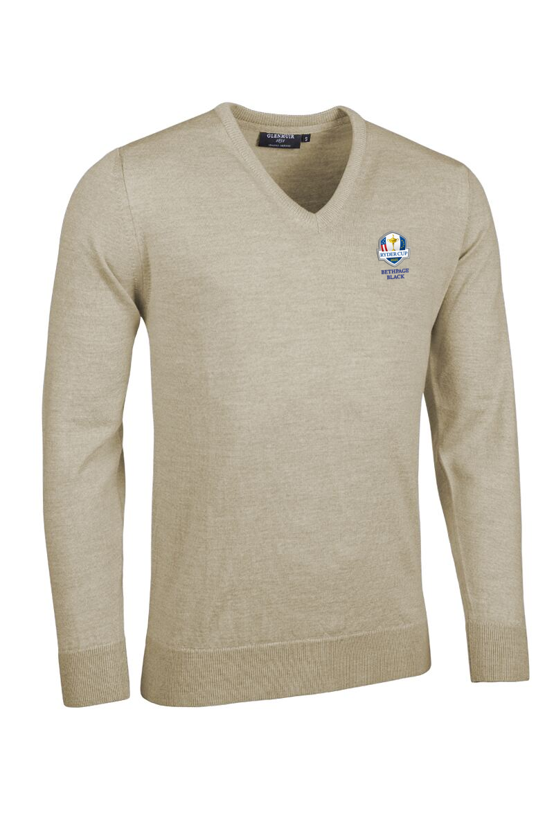 Official Ryder Cup 2025 Mens V Neck Merino Wool Golf Sweater Linen Marl XXL