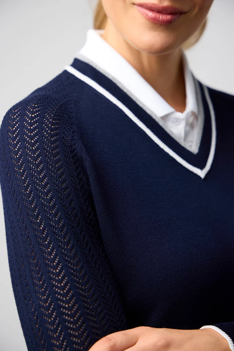 Ladies V Neck Raglan Pointelle Sleeve Cotton Lightweight Golf Sweater Ladies V Neck Raglan Pointelle Sleeve Cotton Lightweight Golf Sweater