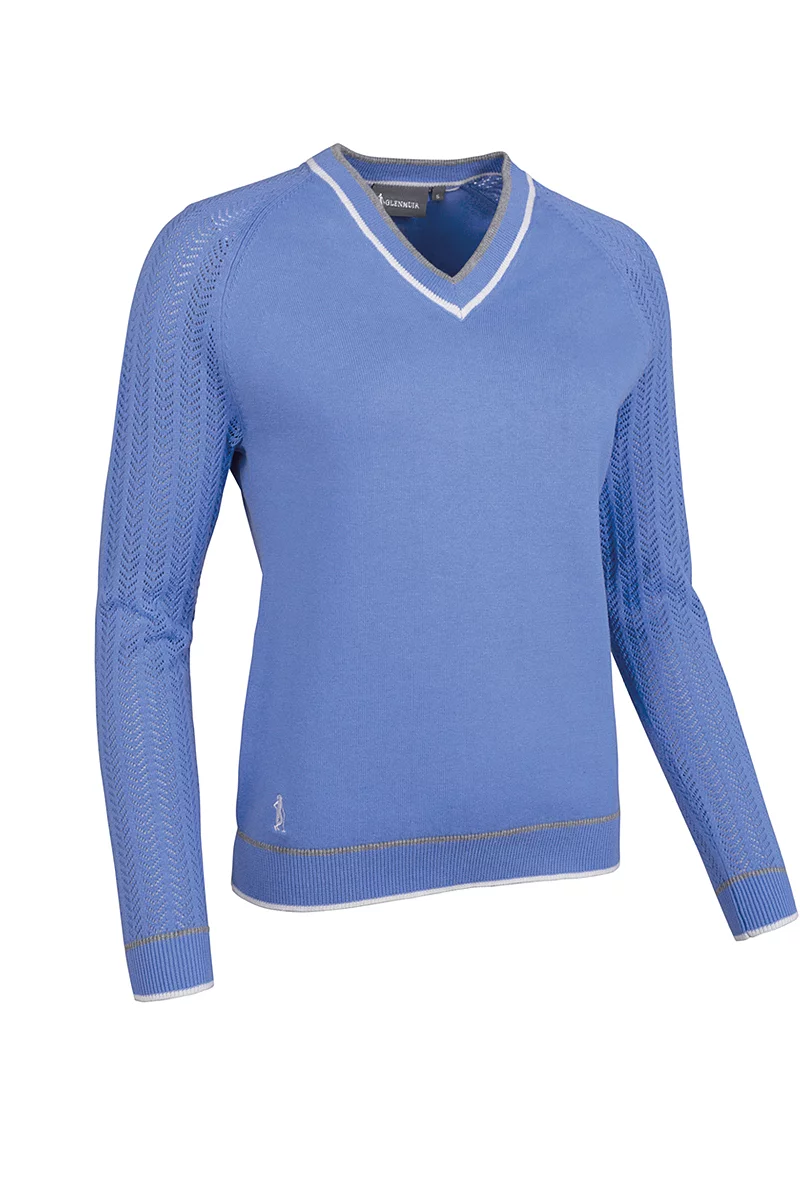 V Neck Raglan Pointelle Sleeve Cotton Lightweight Golf Sweater Sale