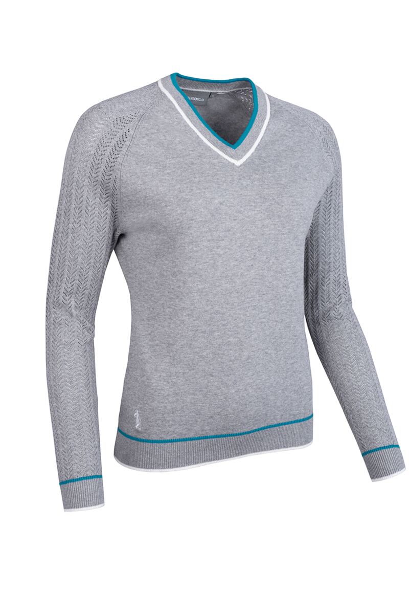 Ladies V Neck Raglan Pointelle Sleeve Cotton Lightweight Golf Sweater