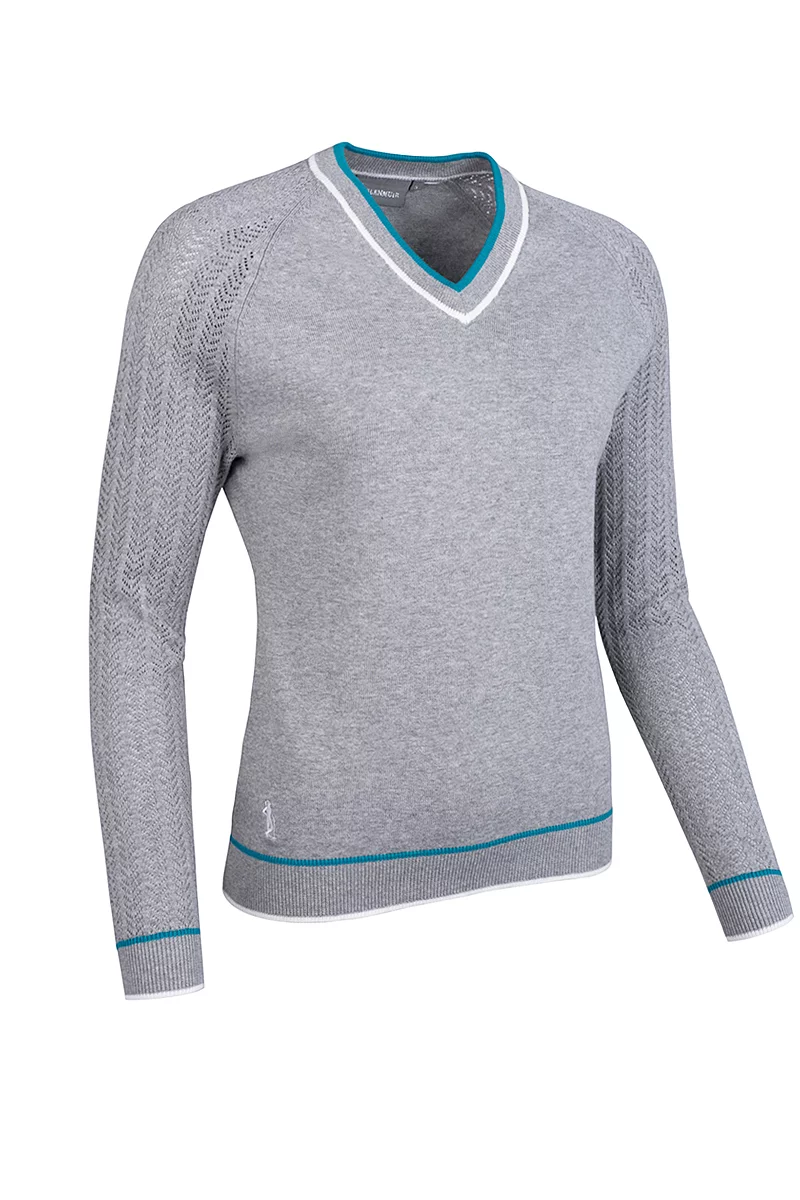 Ladies V Neck Raglan Pointelle Sleeve Cotton Lightweight Golf Sweater Sale Light Grey Marl/Lagoon/White M