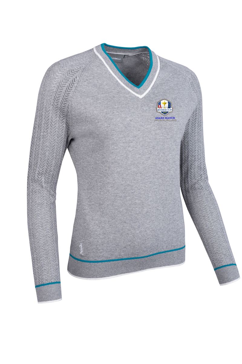 Official Ryder Cup 2027 Ladies V Neck Raglan Pointelle Sleeve Cotton Lightweight Golf Sweater