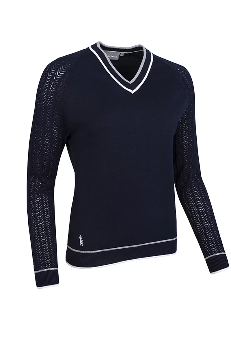 Ladies V Neck Raglan Pointelle Sleeve Cotton Lightweight Golf Sweater Sale Navy/Light Grey Marl/White S