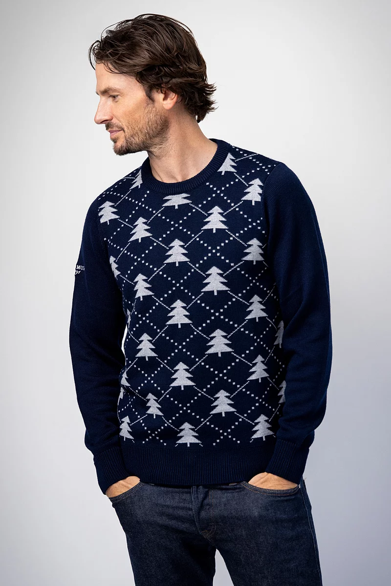 Mens Intarsia Tree Merino Christmas Golf Sweater Mens Intarsia Tree Merino Christmas Golf Sweater