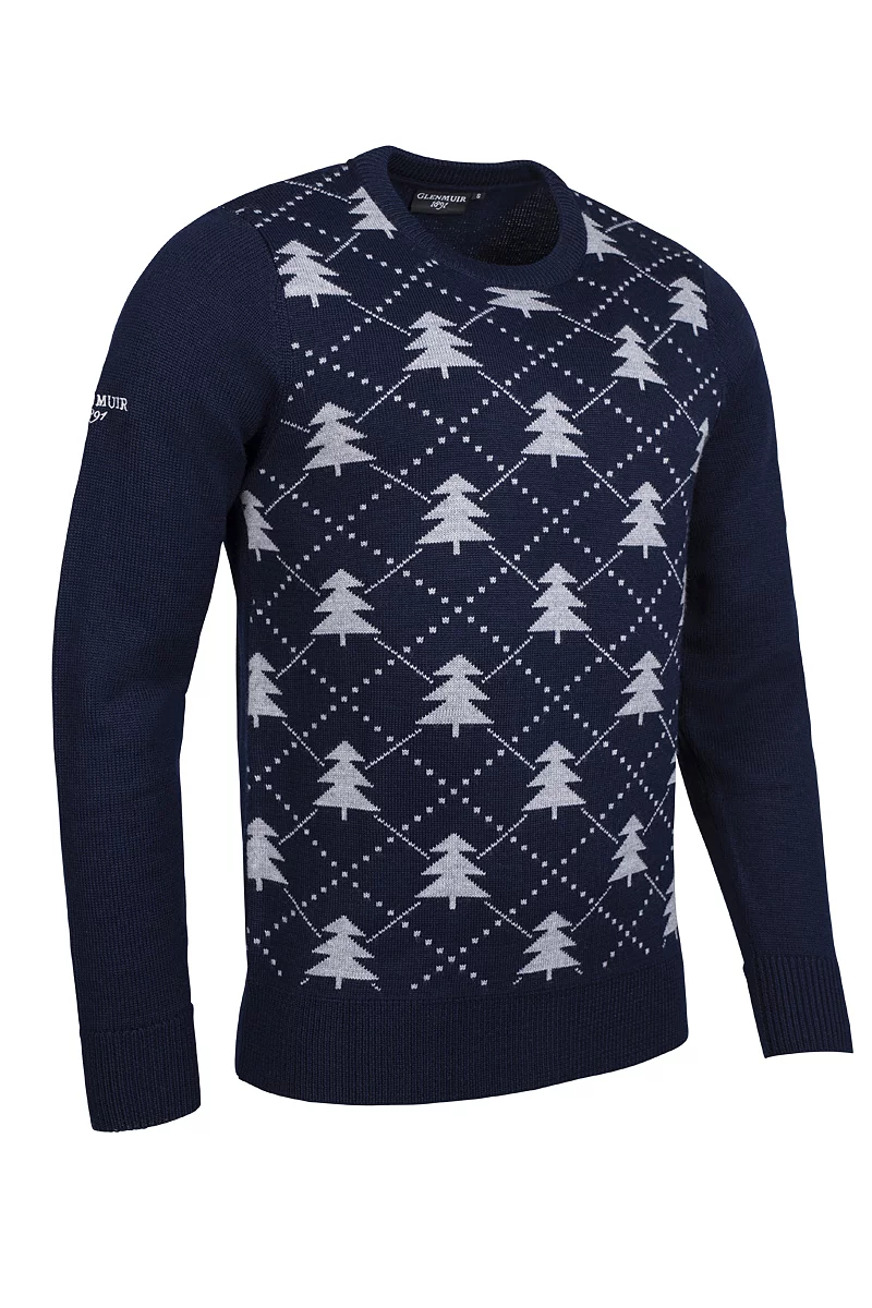 Mens Intarsia Tree Merino Christmas Golf Sweater Navy/Light Grey XXL