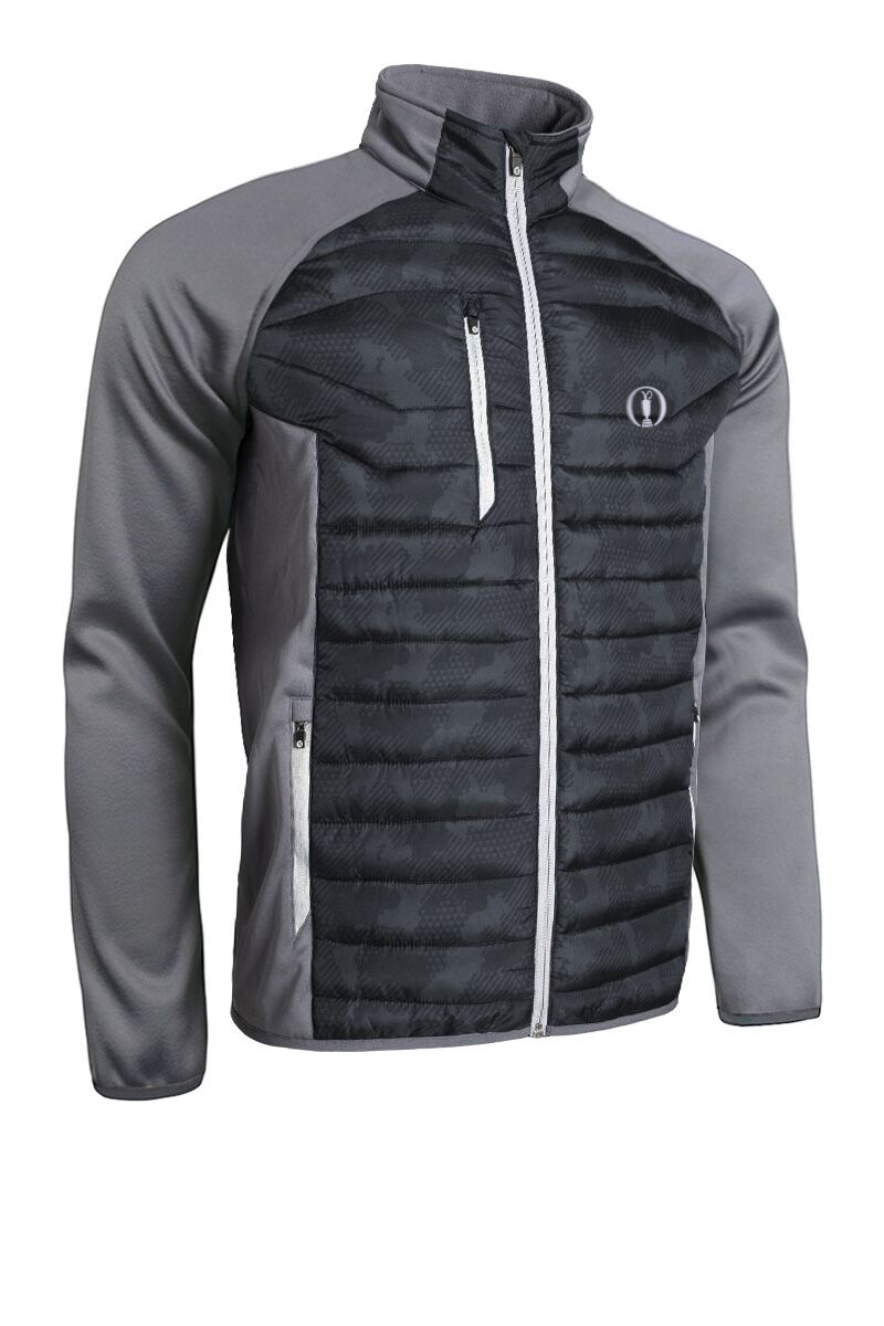 The Open Mens Zip Front Padded Stretch Panel and Sleeves Performance Golf Jacket Black Camo/Gunmetal/Silver S
