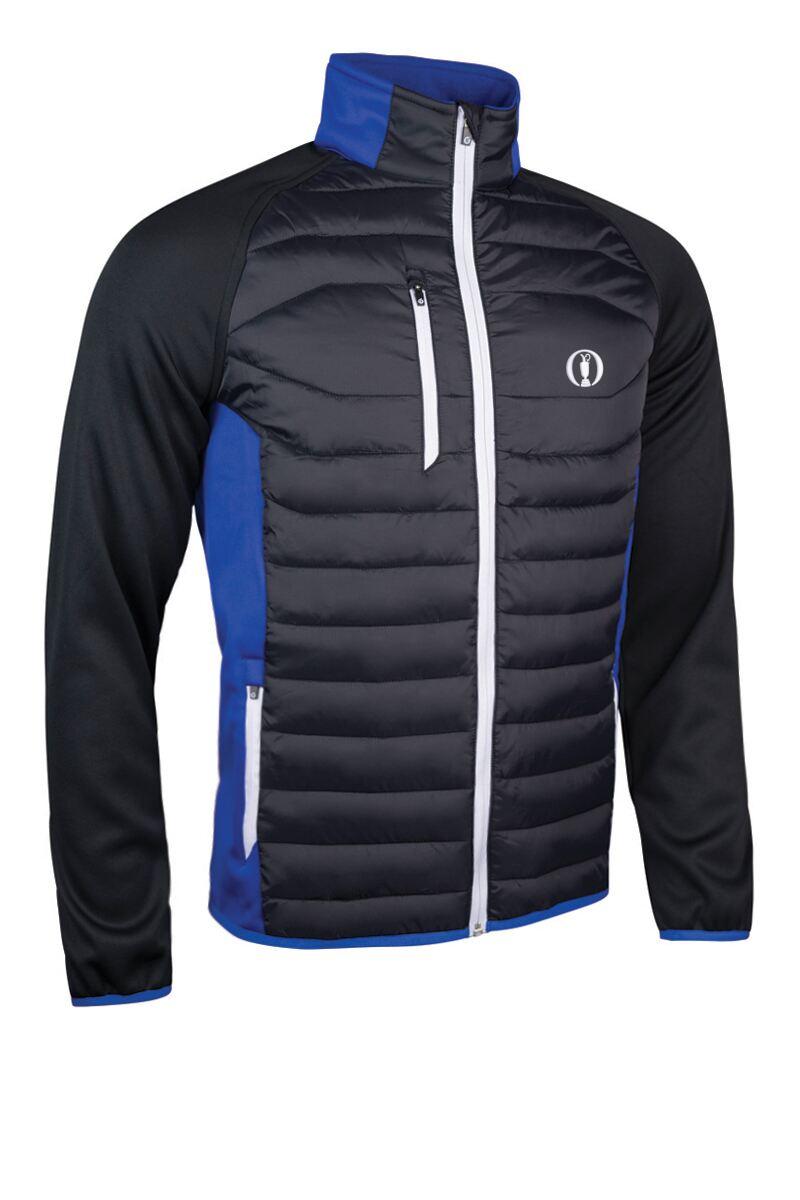 The Open Mens Zip Front Padded Stretch Panel and Sleeves Performance Golf Jacket Black/Electric Blue/White S