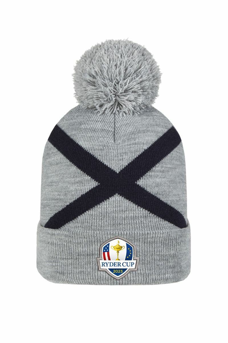 Official Ryder Cup 2025 Unisex Thermal Lined Saltire Golf Bobble Beanie Hat Light Grey Marl/Navy One Size