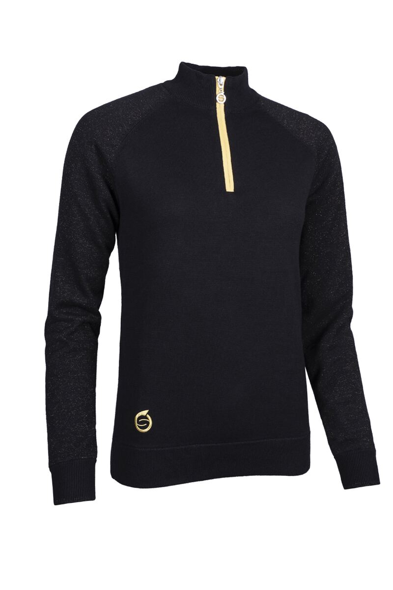 Ladies Quarter Zip Lightweight Lined Cotton Golf Sweater Sale Black/Gold XXL