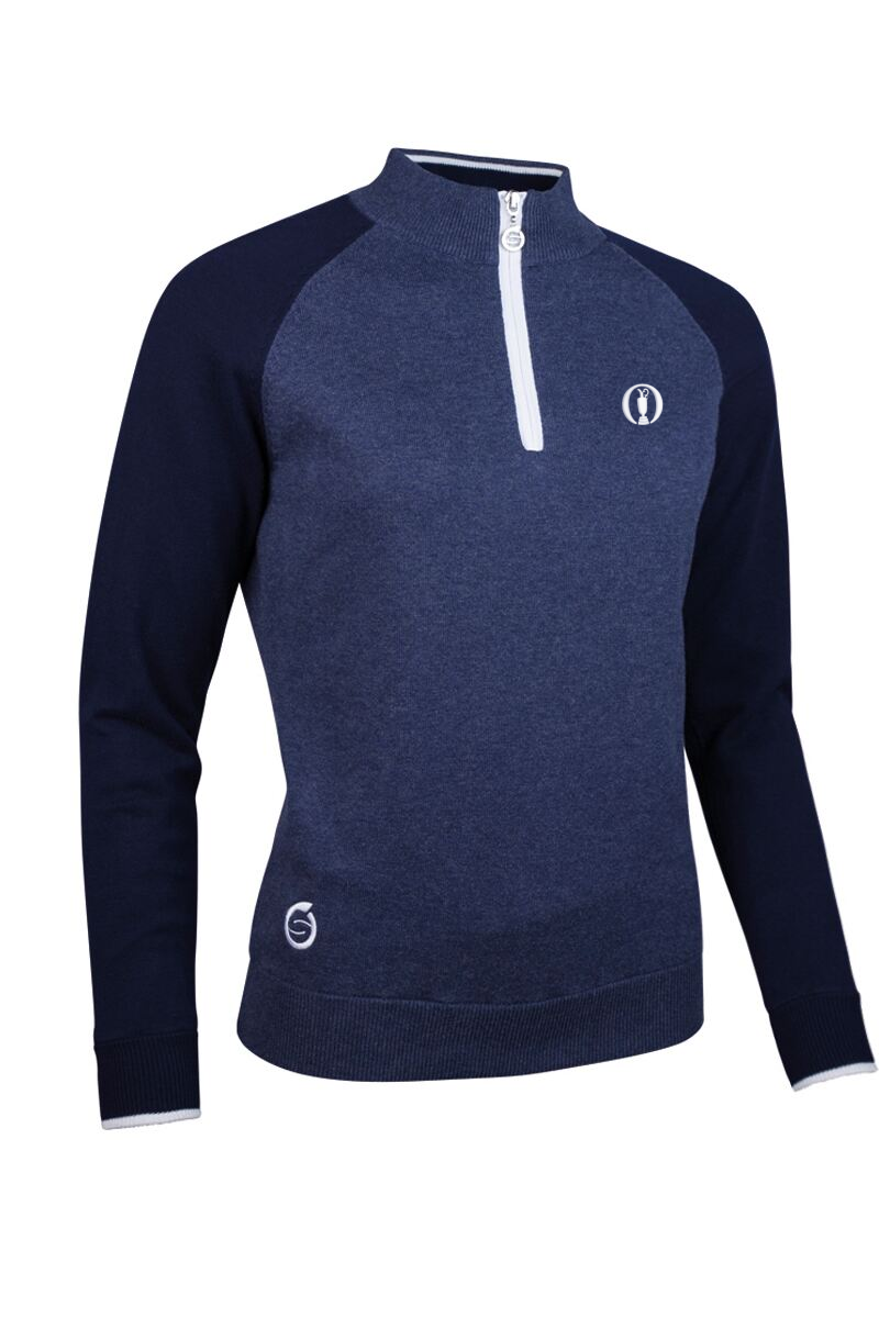 The Open Ladies Quarter Zip Lightweight Lined Cotton Golf Sweater Navy Marl/Navy/White S