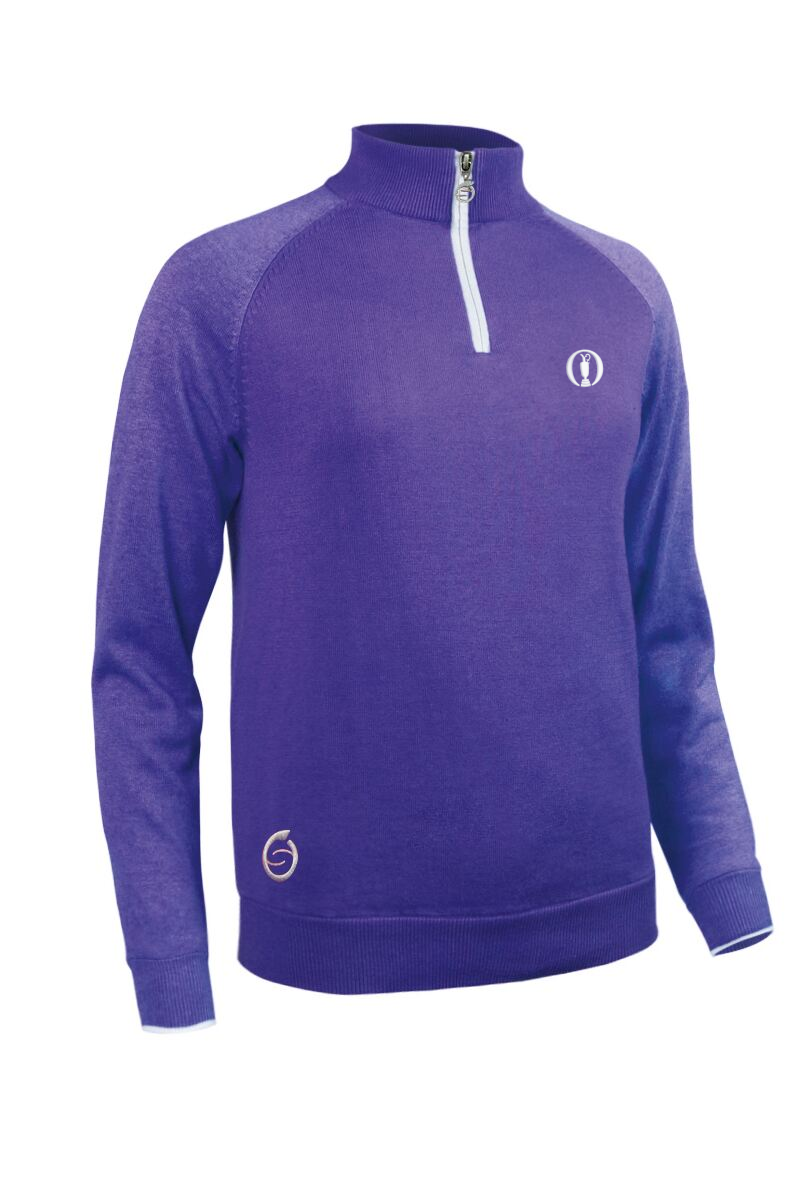 The Open Ladies Quarter Zip Lightweight Lined Cotton Golf Sweater Purple/Purple Marl/White M