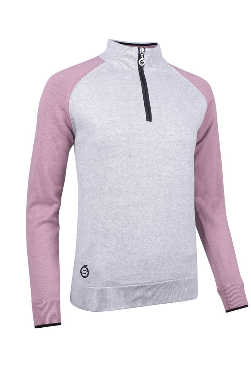 Ladies Quarter Zip Lightweight Lined Cotton Golf Sweater Silver Marl/Pink Haze/Black XXL
