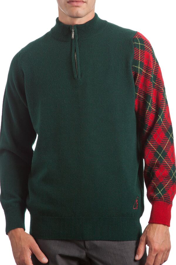 Mens Glenmuir Heritage 100 Lambswool Tartan Sleeve Zip Neck Sweater