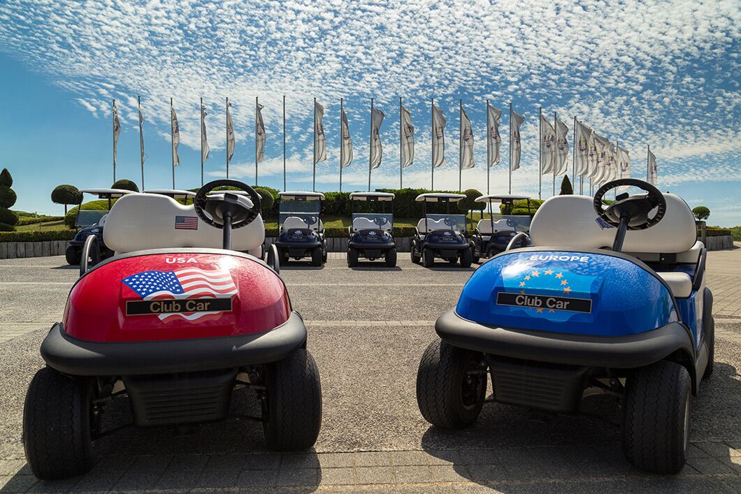 Ryder Cup USA and Europe flags and buggies